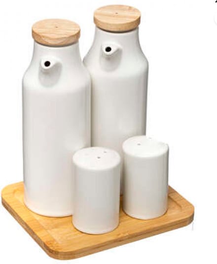 Five - Olie & azijnstel + schaaltje - Bamboe/Keramiek - Set van 5 stuks