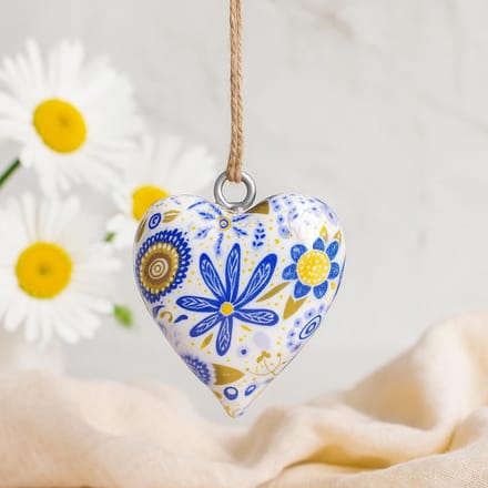 Decoratief houten hart - Blauw bloemenpatroon
