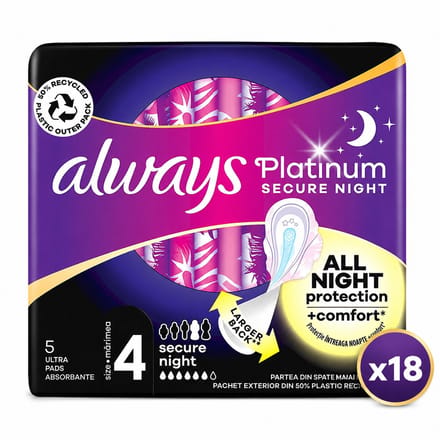 Always Platinum Secure Night Size 4 – 18 Stuks – Extra Nachtbescherming – Maandverband