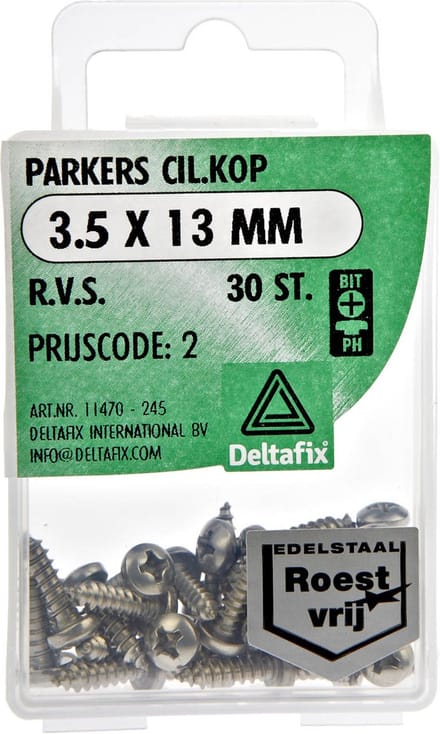 Deltafix. PARKERS CIL.KOP 3.5  x 13 MM   Kruis kop. R.V.S. 30 Stuks. Metaal schroeven.