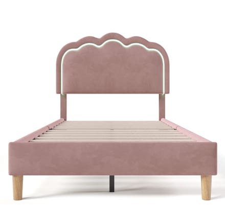 Gestoffeerd Bed LED Eenpersoonsbed 90 x 190 cm, Bedframe met Lattenbodem en Verstelbaar Hoofdeinde, Roze, Bedframe, Fluweel
