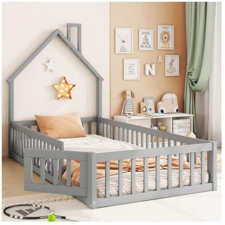 Kinderbed - MUVOE - 90 x 200 cm - Haardontwerp - Veiligheidshek - Grijs grijs