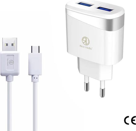 Oplader Rico Vitello, thuislader 2,4A  en kabel 1 meter wit, USB Type-C kabel, travel charger , CE certificate