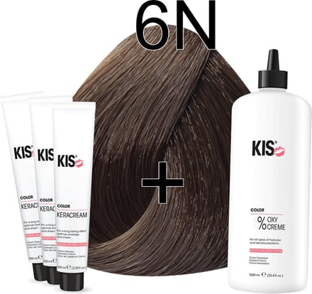 Kis KeraCream Color - 100ml - Haarverf Set - 6N Donkerblond | KIS - (3 x haarverf & 1L waterstofperoxide)