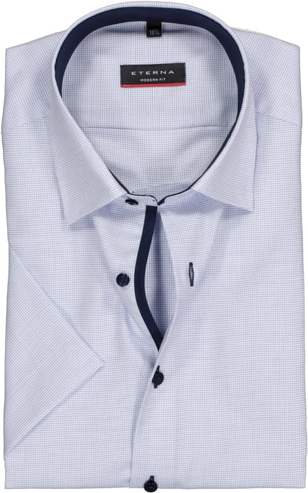 ETERNA modern fit overhemd - korte mouw - structuur heren overhemd - lichtblauw met wit (donkerblauw contrast)