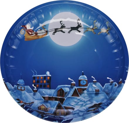 HI kinderbord met kerstman op slee - blauw/wit - metaal - 26 cm - kerstontbijt - kerstdiner - kerstartikelen