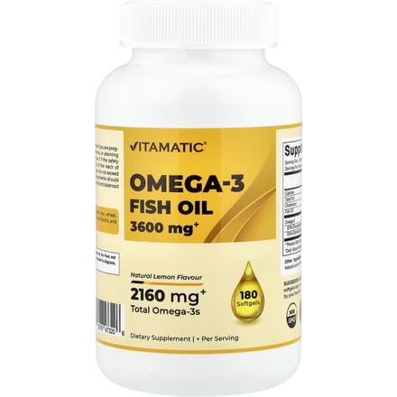 Vitamatic, Huile de Poisson Oméga-3, Arôme Naturel de Citron, 180 Gélules Molles