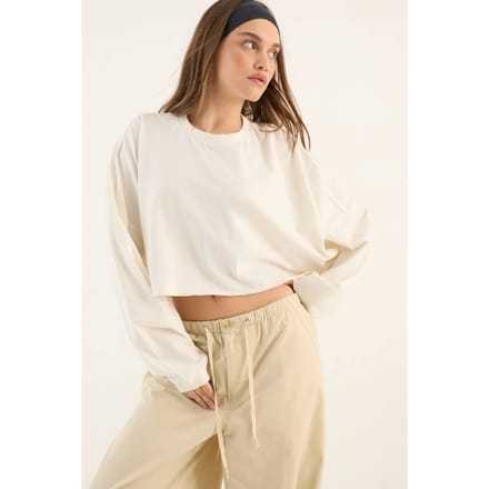 Dames Dsgn Studio Zwaar Gewassen Oversized Lange Mouw Crop T-shirt | Creme | Maat: XL
