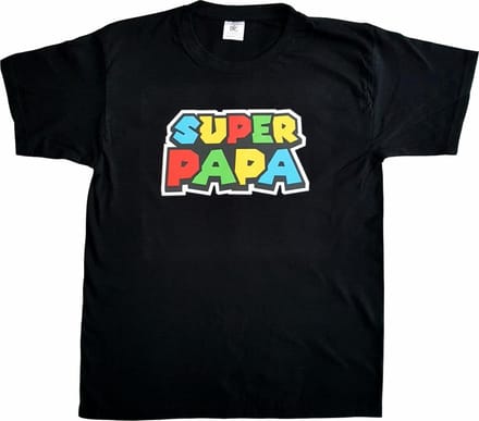 Zwart t-shirt met "Super papa" - maat M - vaderdag, cadeautje, grappig, geschenk, tekst, medium