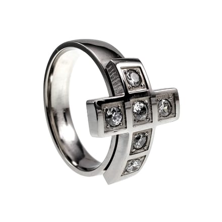 Stijlvolle Ring met Kruis en Zirkonia Stenen, RVS Gepolijst - Dames