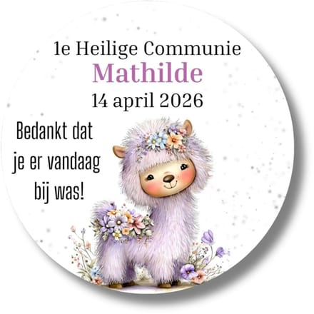 Gepersonaliseerde communie stickers lama – 1e Heilige Communie – naam en datum