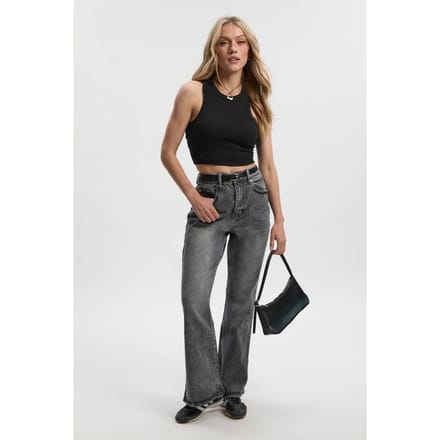 boohoo Dames De Petite High Waist Flared Jean | Grey | Maat: 6/28L