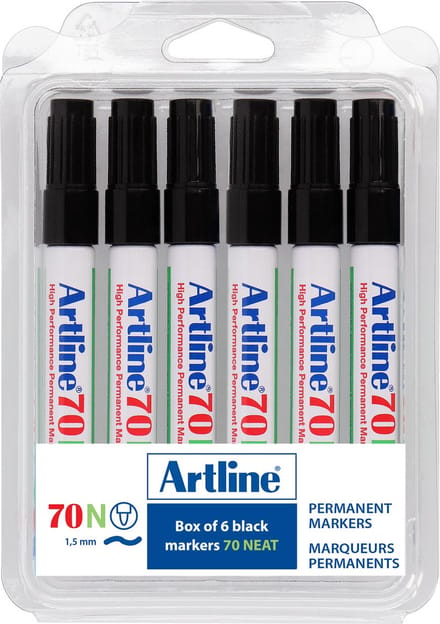 Artline 70 Permanent Marker - Set 6 Stuks - Kogelpunt 1,5mm - Watervast & Wrijfvast - Hervulbaar - Zwart