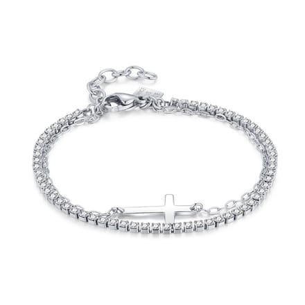 Twice As Nice Armband in edelstaal, dubbele ketting, kruisje 16cm+3cm