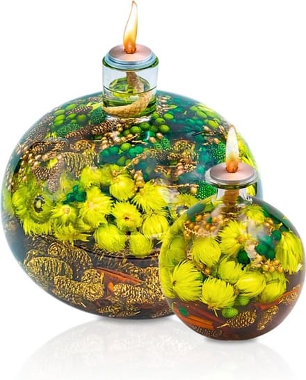 Olielamp met olie – Glazen Bol Ø13 cm – Kaars - Groen/Goud – Sfeerverlichting –Kerst – Navulbaar