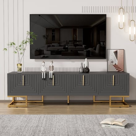TV Meubel – Lowboard met Gestructureerde Deur, Gouden Handgrepen en Gouden Poten – Moderne TV Kast met Opbergruimte – Grijs