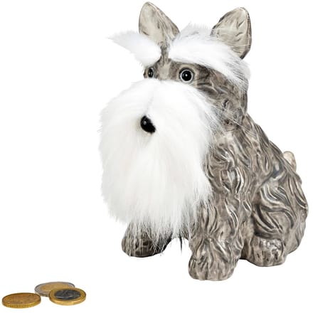 Spaarpot hond Schnauzer - grijs - keramiek - met echt haar