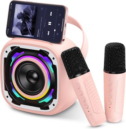 Karaoke Machine met Draadloze Microfoons voor Kinderen en Volwassenen - Bluetooth Speaker met Dynamische Verlichting, Telefoonhouder en Stemveranderaar - Roze