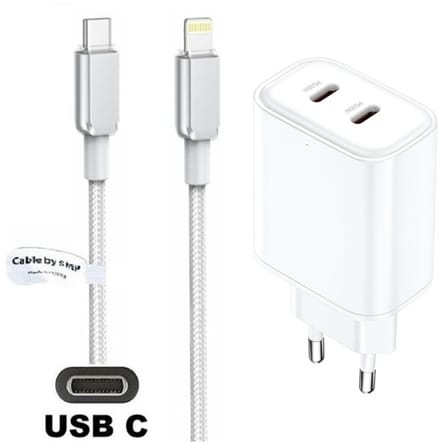 OneOne 35W snellader met 2 poorten USB C en USB C + 2,0m USB C naar Lightning kabel. Witte PD lader. Oplader adapter past op iPhone 8 t/m iPhone 14