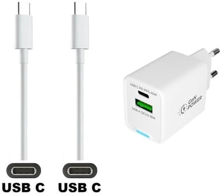 OneOne 45W super snellader met 2 poorten en screenprotector van glas voor iPhone 15 + 0,5m sterke USB C naar C kabel. Witte PD PPS lader. GaN oplader adapter. Screenprotector past op Apple iPhone 15, iPhone 16