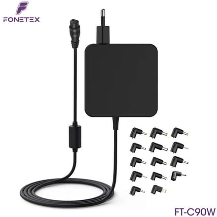 FoneTex Universal Laptop Adapter - 14 Tips - Plug & Play - 90W