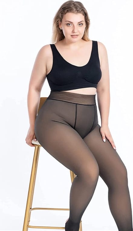 Fleece Panty - Plus Size Maat M/L/XL - Transparant Zwarte panty - Beige - Bekend van Tiktok