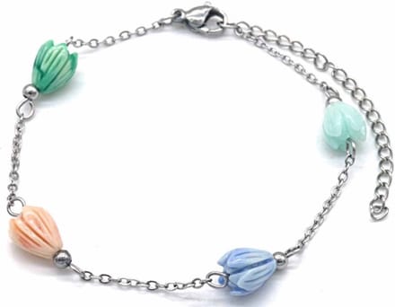 Armband Dames - Gekleurde Bloemen - RVS - Lengte 17-21 cm - Zilverkleurig