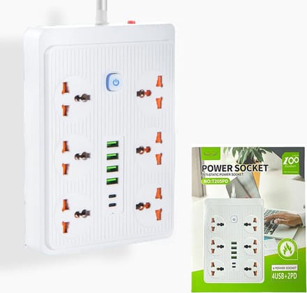 Power Socket Universal - Stekkerdoos met 6 Stekkers en 6 USB ingangen + 2 USB-C 20W Snel lader 185 cm Kabel -EU, UK, US