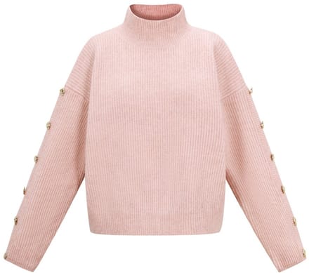 Comfortabele Gebreide Polyester Dames Trui met Schildkraag en Goudkleurige Knopen - Gebroken Wit - S/M