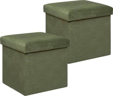 Atmosphera Poef/krukje/hocker Amber - 2x - Opvouwbare zit opslag box - fluweel Dennengroen - D38 x H38 cm - MDF/polyester