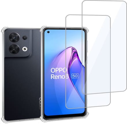 Geschikt voor OPPO Reno 8 - Hoesje + 2x Screenprotector – Gehard Glas Cover + Shock Proof Case – Transparant