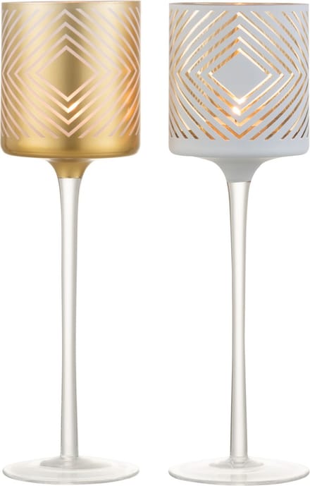 J-Line theelichthouder op voet Ruit - glas - wit/goud - large - 2 stuks