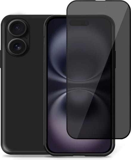 Hoesje + Privé Screenprotector geschikt voor Apple iPhone 16 Plus – Privacy Tempered Glass - Back Case Cover Zwart