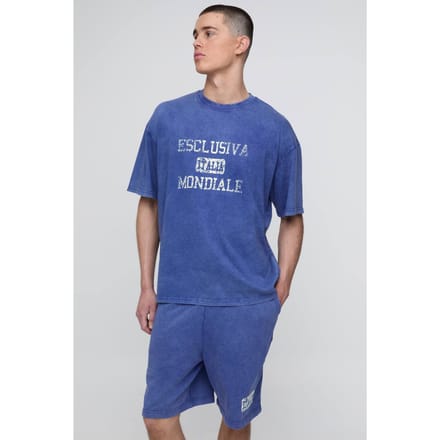 Oversized Loopback Gewassen Italia Bedrukte Short Set | Navy | Size Medium