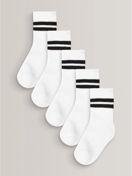 Next - Jongens - Set van 5 paar katoenrijke geribbelde sokken met bies, voetbed met extra demping - Wit