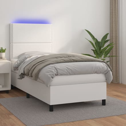 vidaXL - Boxspring - met - matras - en - LED - kunstleer - wit - 100x200 - cm