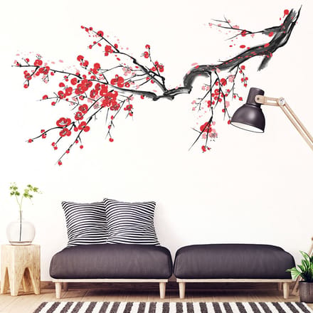 Muurstickers - Bloeiende boomtak in rood - Transparante achtergrond - 50x65cm
