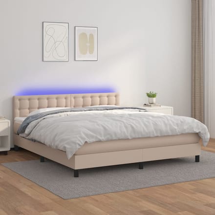 vidaXL - Boxspring - met - matras - en - LED - kunstleer - cappuccinokleur - 160x200cm