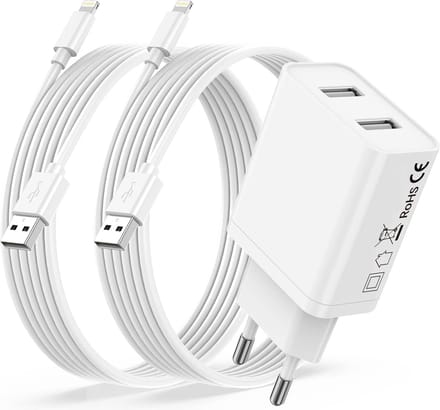 Lader geschikt voor iPhone / iPad / AirPods - Lightning naar usb Kabel - 1 Meter - Usb Stekker 2 Poorten Set - Usb Adapter