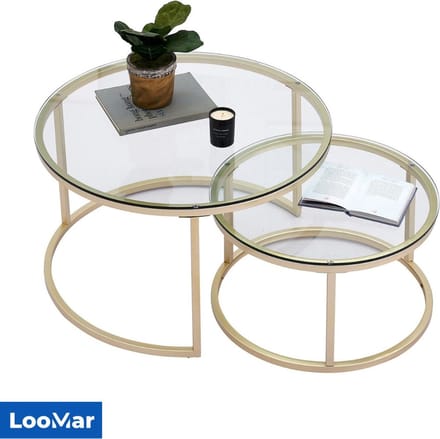 LooMar Luxe Salon tafel - Set van 2 - Koffietafel - Bijzettafel - Glas - Goud