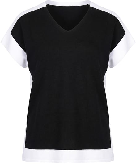 Ulla Popken - Dames - Trui colorblocking-ontwerp V-hals korte mouw - Zwart - Maat 50+