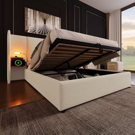 REDOM opbergbed 160x200 cm – Linnen, leeslamp, USB/Type-C, hydraulisch – Beige