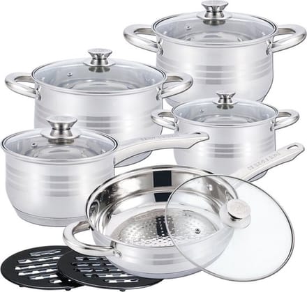 Cheffinger Pannenset - 12-delig - Zilver - RVS - Kookpannen - Inductie