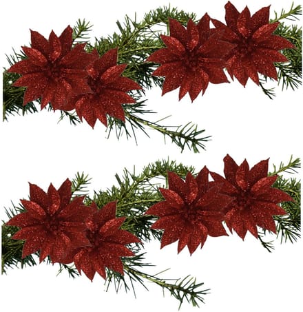 Kerstboomversiering Bloemen - 8x stuks - 9 cm - rood glitter - op clip