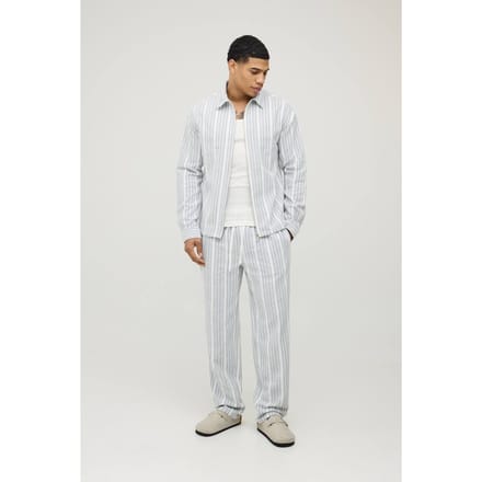 Geweven Gestreept Regular Zip-up Shirt Met Lange Mouwen & Straight Fit Broek Set | Navy | Size Medium