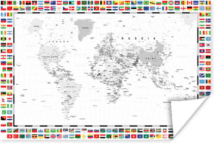 Poster - Wereldkaart - Zwart - Wit - Vlag - 120x80 cm