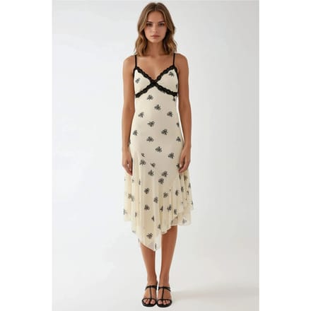 V-hals Gedrukte Bodycon Maxi Jurk met Kantdetails