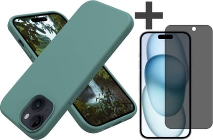 Hoesje met Privacy Screenprotector Geschikt voor iPhone 15 Plus Hoesje Siliconen - liquid case - Arara Backcover - Groen