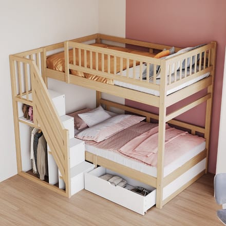 Sweiko Stapelbed - 90 x 200 cm - Veiligheidshek - Opbergruimte - met Lade - Wit + Natuurlijk