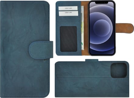 iPhone 12 Pro Max hoesje - Bookcase - Portemonnee Hoes Echt leer Wallet case Washed Turquoise